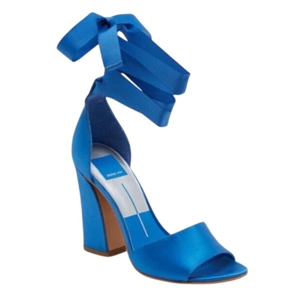Dolce Vita Blue Satin Lace-Up Block Heel Sandals Women's Open Toe Size 8.5
